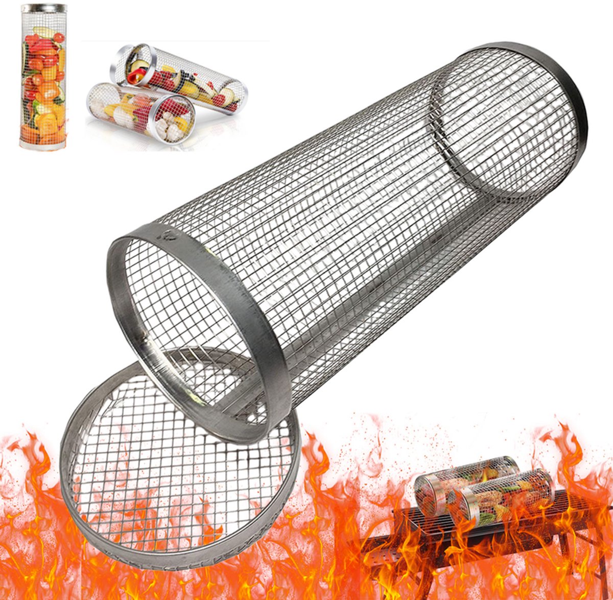 Rollbarer Grillkorb – Zylindrischer Grillkorb Aus Metallgewebe – Tragbarer Grill – Runder Grillkorb – Geeignet Für Grillabende Im Freien