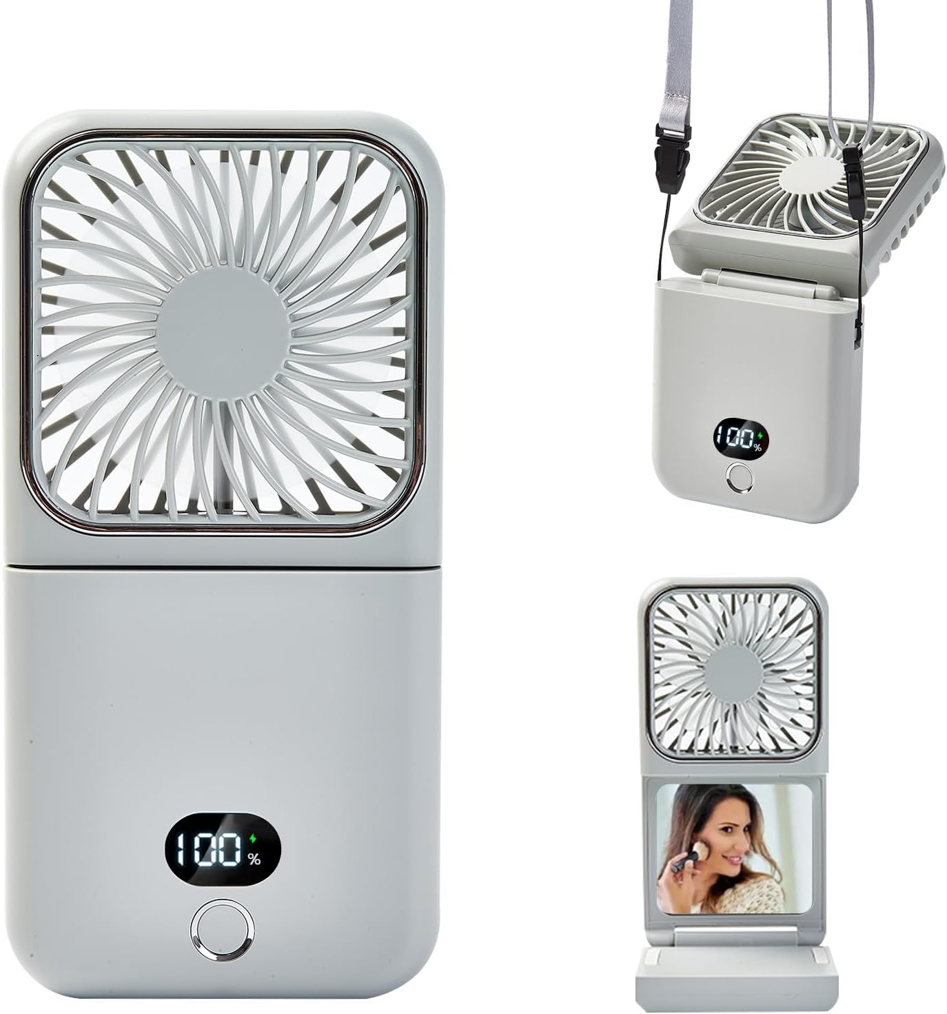 Tragbarer Mini-ventilator 6-in-1: Powerbank, Kosmetikspiegel, Handyhalterung, Handventilator, Usb-aufladbarer Tischventilator, 5 Geschwindigkeitsstufen, Nackenband