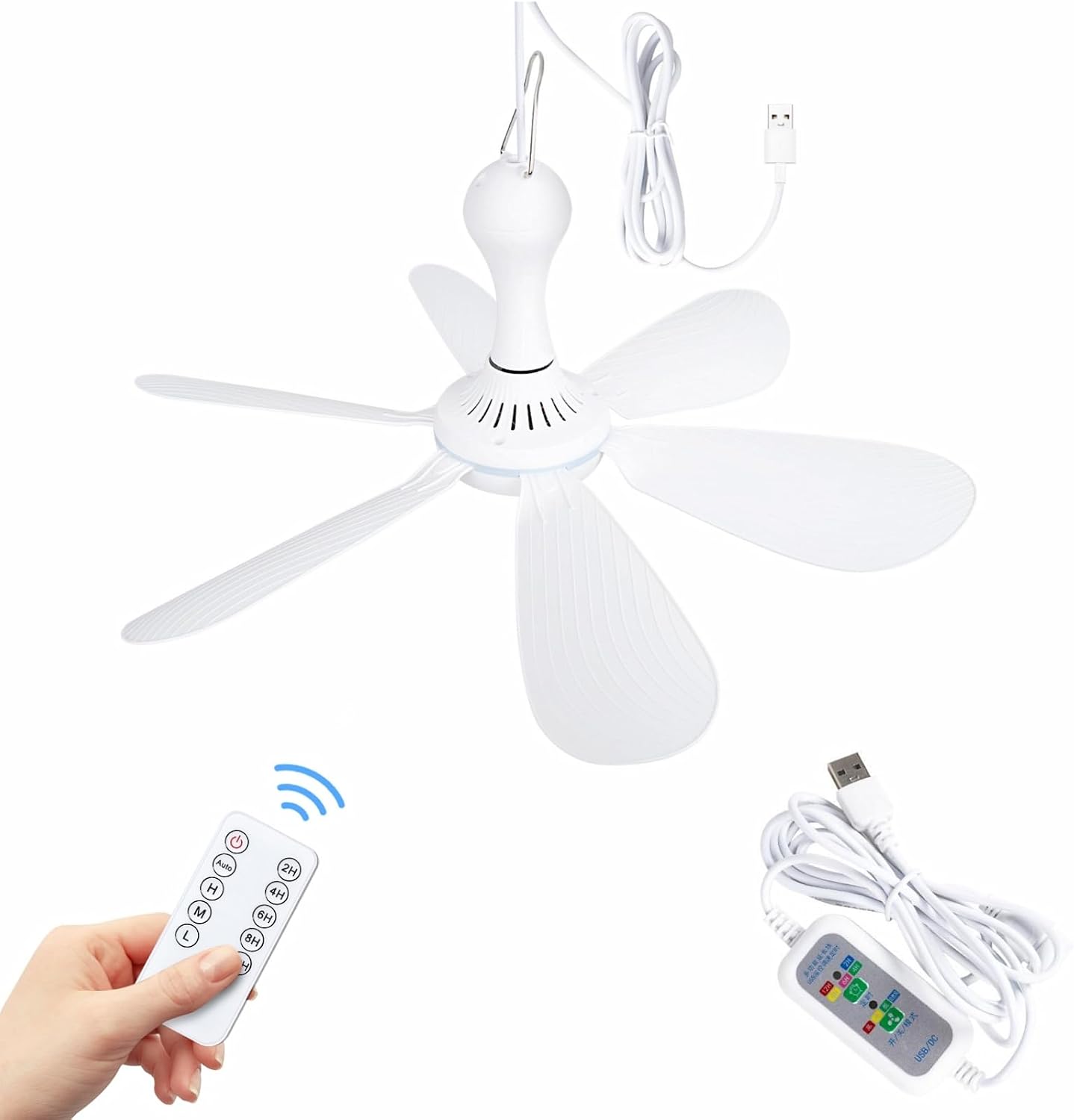 Usb-deckenventilator – 6 Flügel – Leise, Wiederaufladbar (5 V Dc) – Aufhängbarer Mini-ventilator, Weiß – Geeignet Für Drinnen Und Draußen, Wohnmobil, Schlafzimmer Und Camping