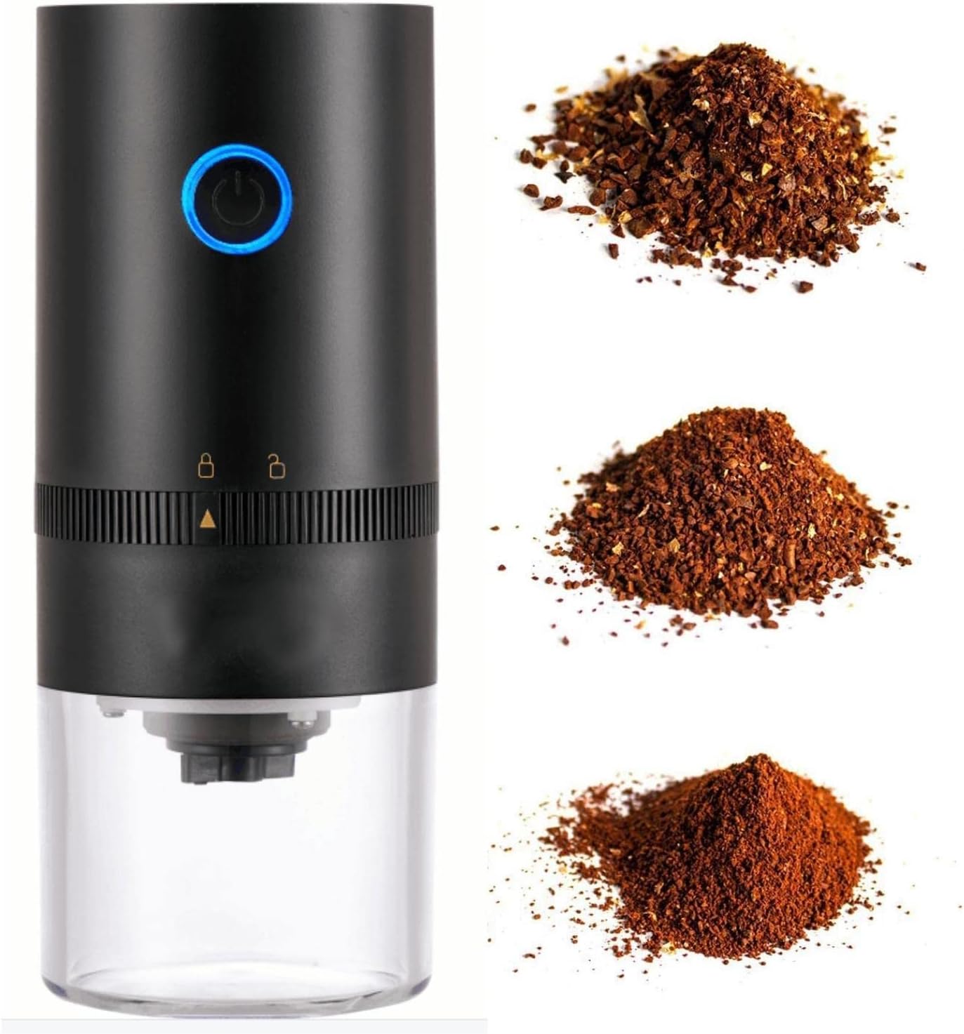 Tragbare Elektrische Kaffeemühle Für 4 Tassen Espresso. Mahlt Grobes, Mittelfeines Und Extrafeines Kaffeepulver. Wiederaufladbar Per Usb. Schwarz.