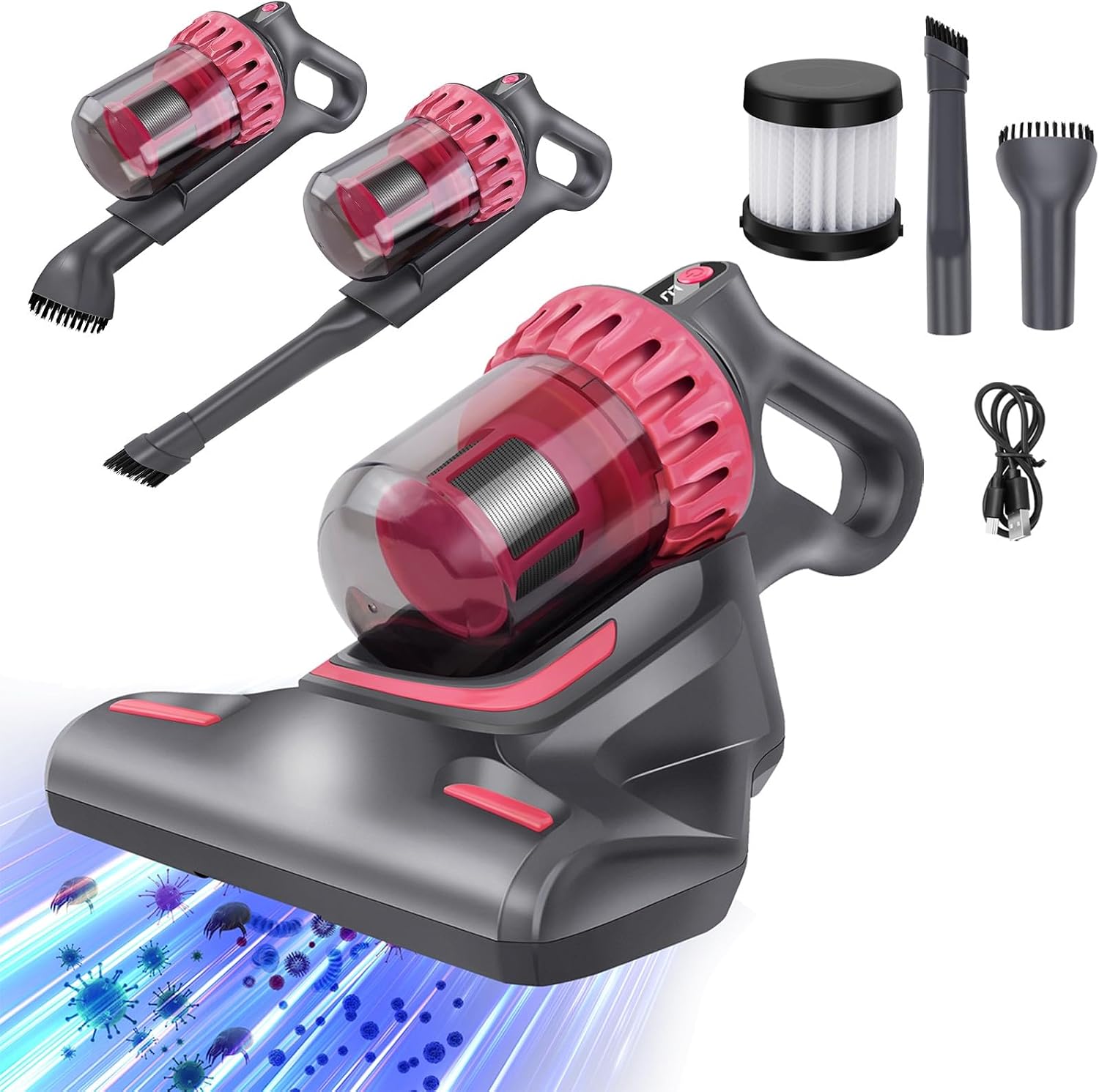 500-w-staubsauger Gegen Hausstaubmilben – 15.000 Pa Saugleistung, Uv-c-sterilisation, Zwei Staubbehälter, 4 M Kabel, 36.000 Zyklen/min., Warmluft 55 °c