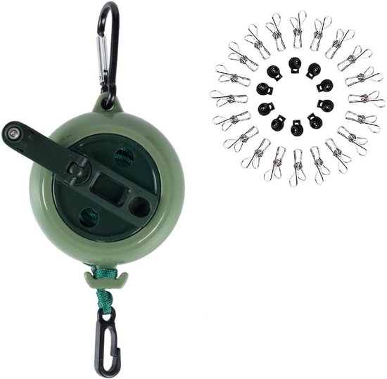 Einziehbare Wäscheleine – 1 Stück – 10 Meter – Tragbar – Robust/unsichtbar – Inkl. 20 Wäscheklammern/10 Stoppern/tasche/kurbel – Grün – 20 × 10 × 4,5 Cm