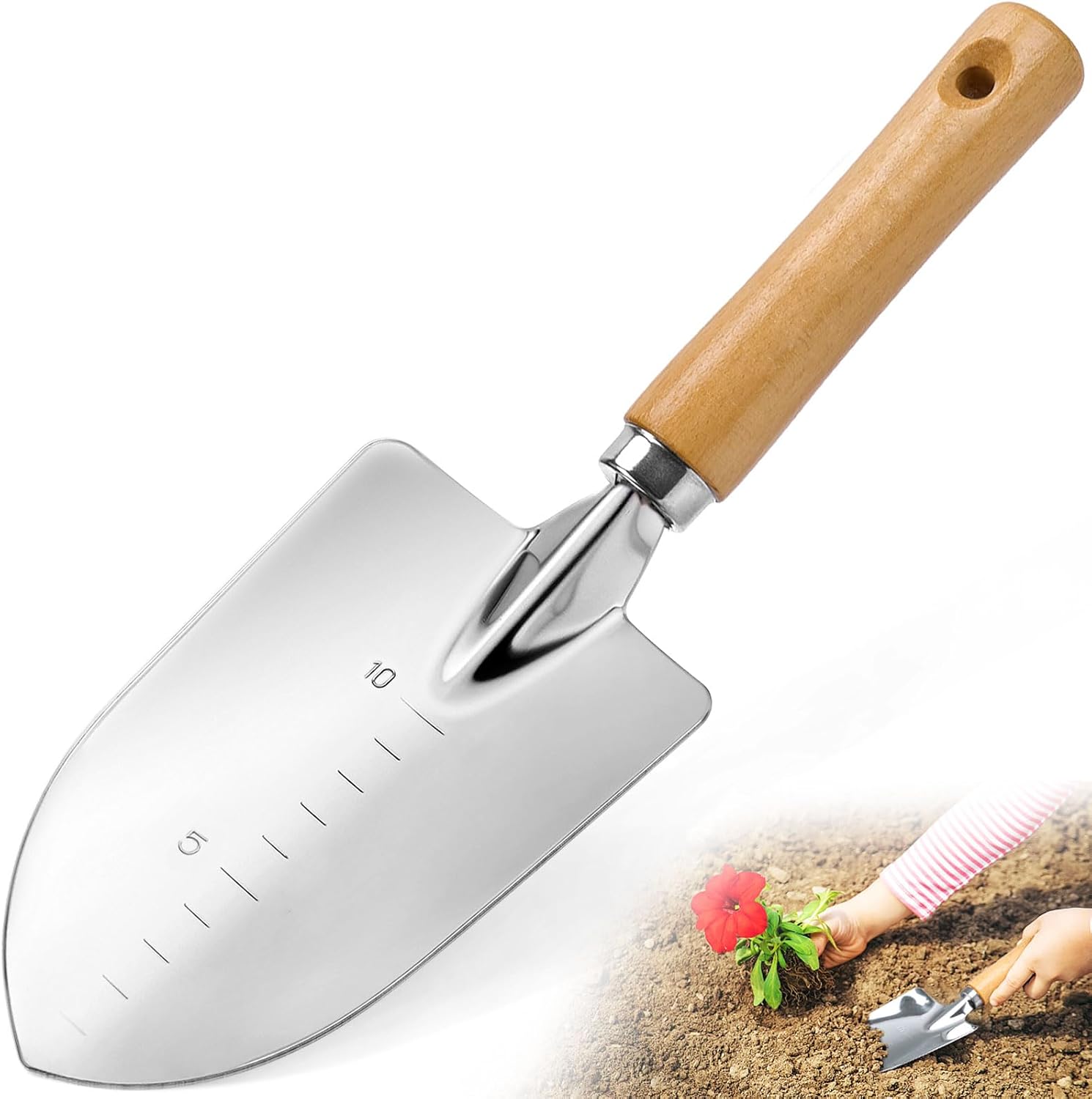 Gartenschaufel Aus Aluminiumlegierung Mit Abgestuften Griffen Und Leichtem Holzgriff Robustes Werkzeug Zum Pflanzen, Zur Bodenvorbereitung Und Zum Kompostieren.