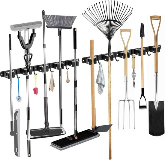 Wandmontierter Besenhalter Mit 10 Halterungen Und 8 Haken, Edelstahl, Für Gartengeräte, Küche, Badezimmer, Garage, Garten (schwarz)