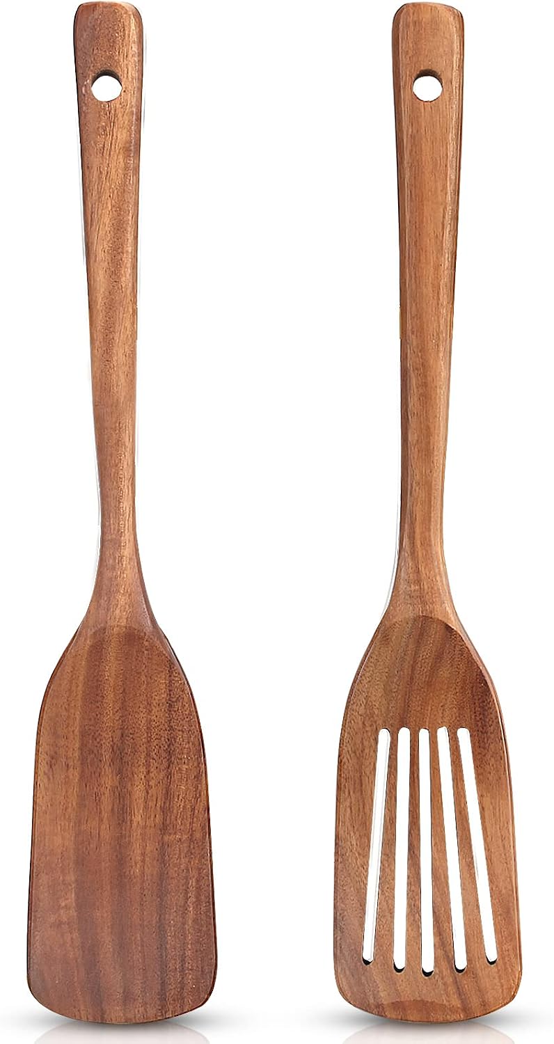 2-teiliges, Ungiftiges Küchenhelfer-set Aus Holz: Kochspatel Aus Akazienholz, Pfannenwender, Schaumlöffel Aus Bambus, Schaber, Fischbällchenlöffel Mit Langem Griff