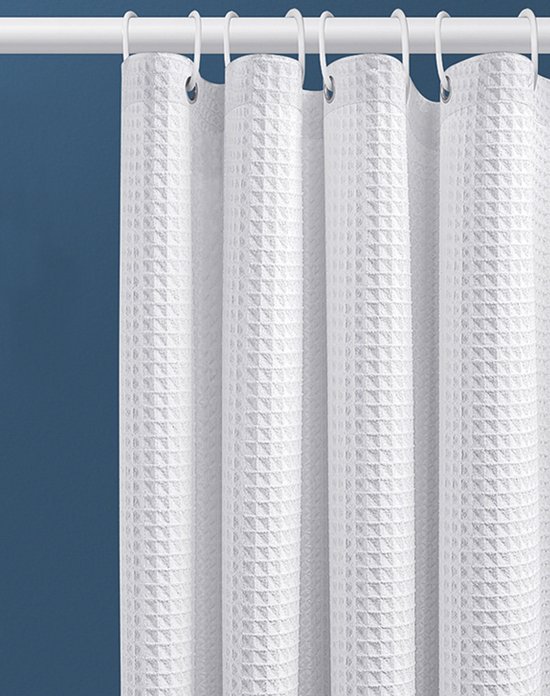Seitlich Angebrachter Duschvorhang – Anti-schimmel – Badezimmerzubehör – Halbtransparent, Mit 12 Ringen, Weiß – Würfeldesign, Inklusive Ringe – Wasserdicht, Polyester