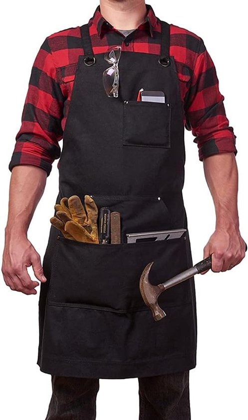 Arbeitsschürze Aus Canvas Mit Verstellbaren Trägern Und 4 Taschen – Küchenarbeitskleidung Für Herren – Für Grillmeister, Bäcker, Schreiner, Tätowierer, Maler – Schwarz