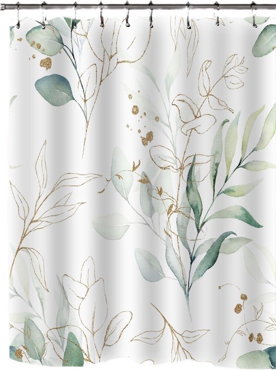 Wasserdichter, Schimmelresistenter Duschvorhang Aus Polyester Mit Eukalyptusblattmuster, Inklusive Haken, 150 X 180 Cm