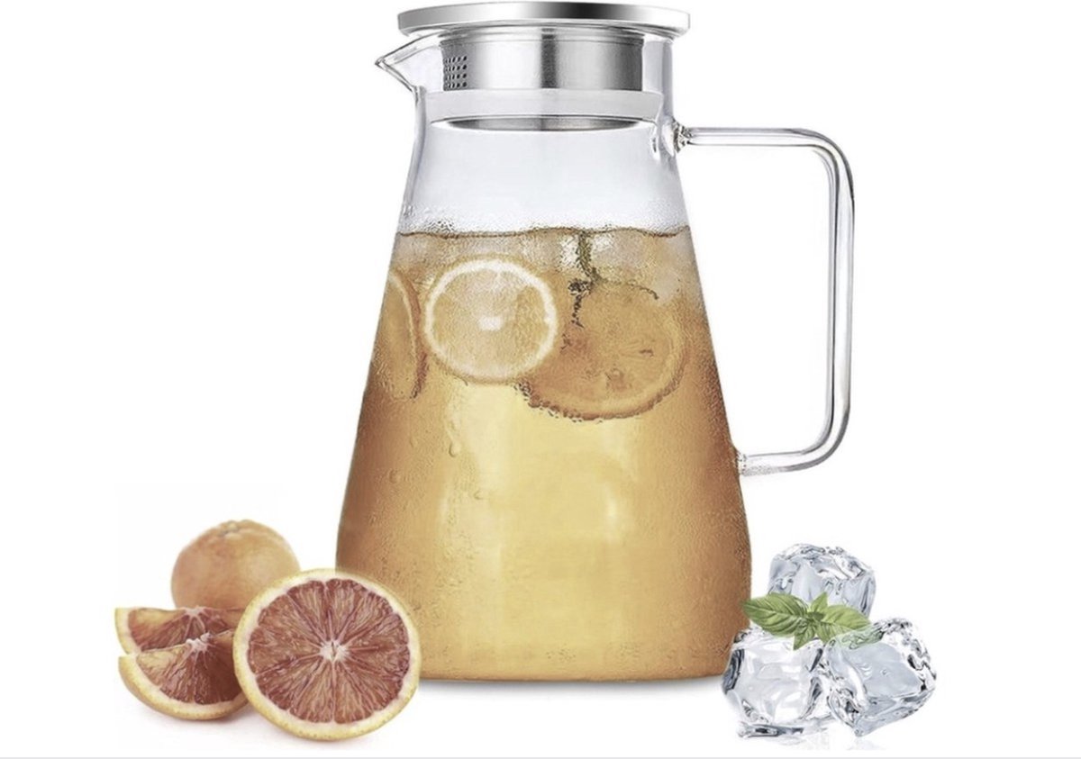 Glaskrug, 2,3 Liter, Wasserkaraffe Mit Edelstahldeckel, Griffen, Filter, Für Heiße Und Kalte Getränke, Leicht Zu Reinigender Wasserkrug Für Den Hausgebrauch