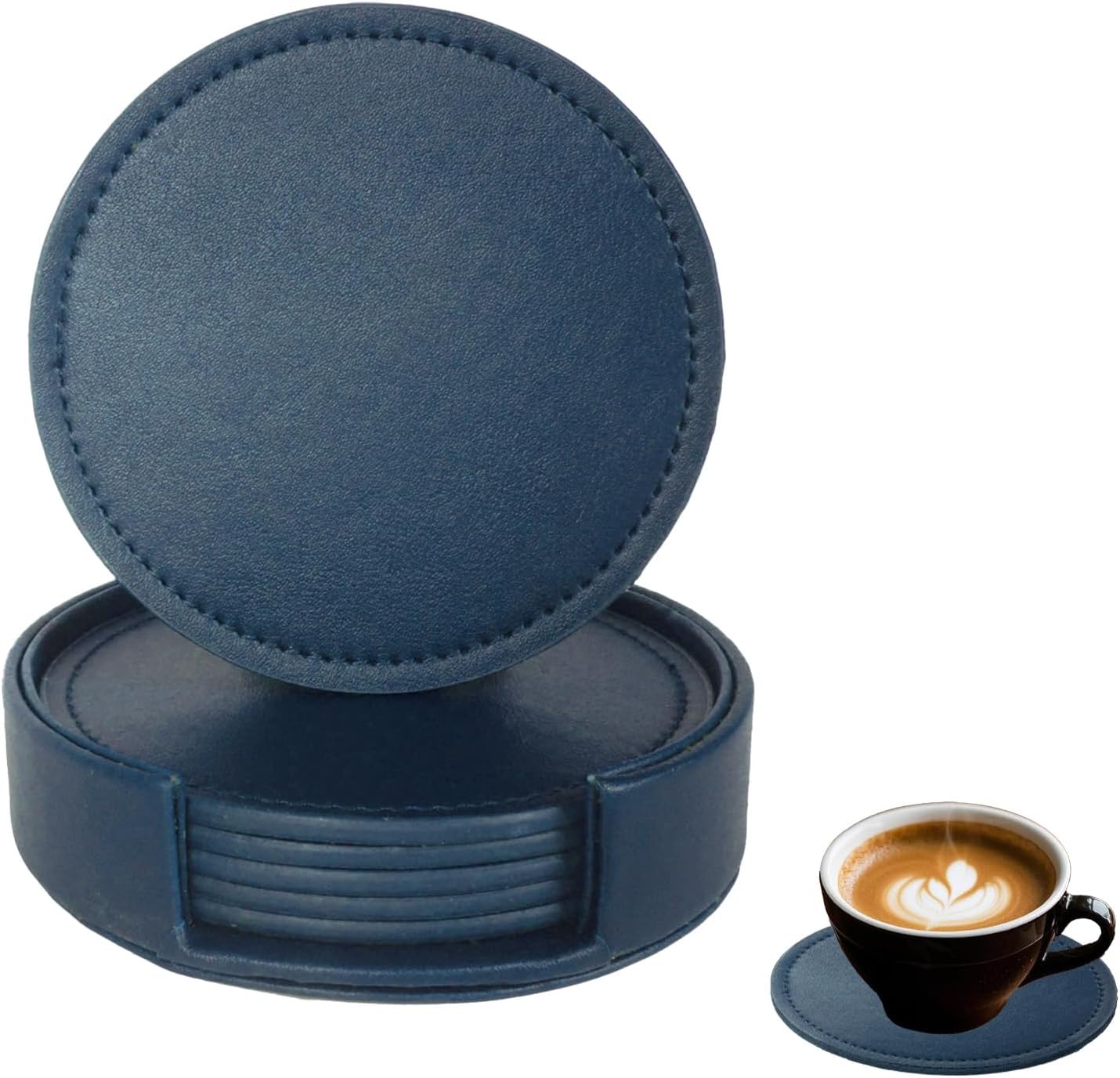6 Marineblaue Lederuntersetzer Mit 1 Halter Für Tasse/becher – Ideales Einzugsgeschenk