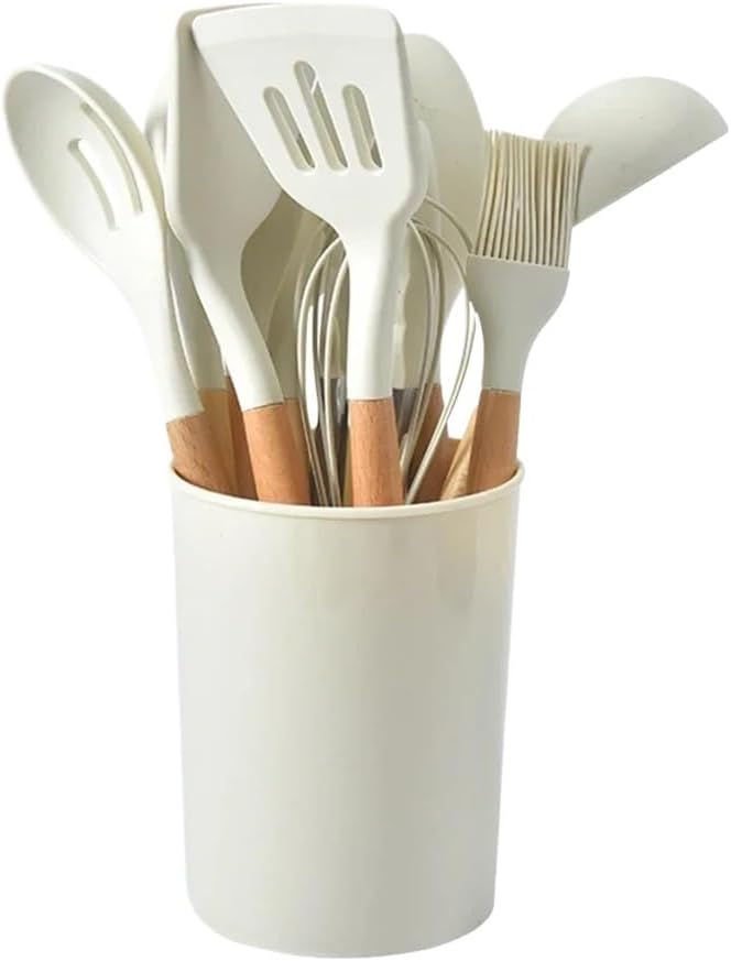 12-teiliges Küchenhelfer-set Aus Silikon – Hitzebeständige Kochutensilien Mit Holzgriff – Inklusive Pfannenwender, Löffel, Pinsel Und Schneebesen – Beige
