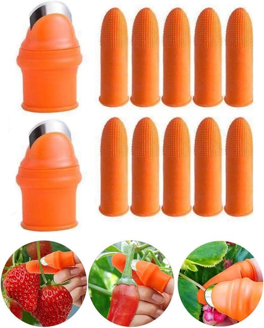 Ein Set Aus 12 Silikon-daumenschneidern Mit Fingerstützen Und Scharfen Klingen Zum Schneiden Von Pflanzen Und Früchten.