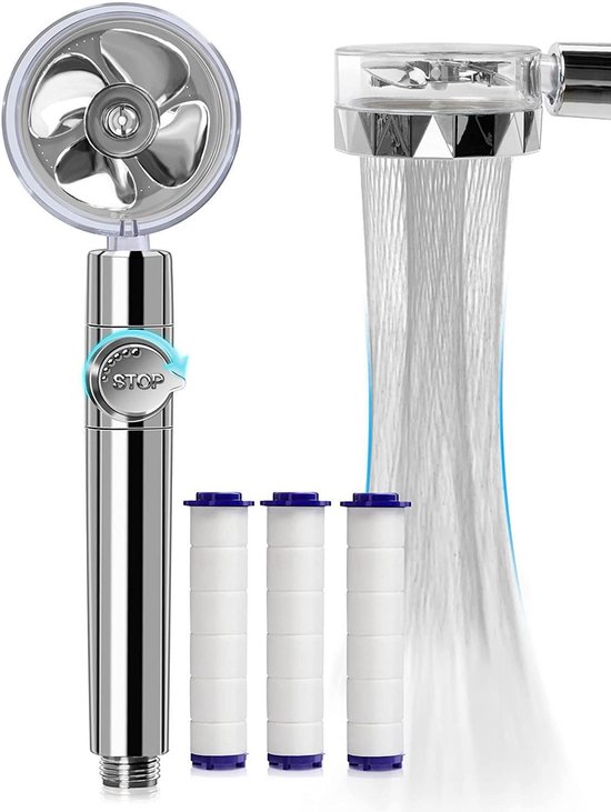 Duschkopf, Handbrause, Hochdruck, Wassersparend, 360°-drehung, Propellerantrieb, Mit 3 Filtern, Turbo-spa-funktion, Silber