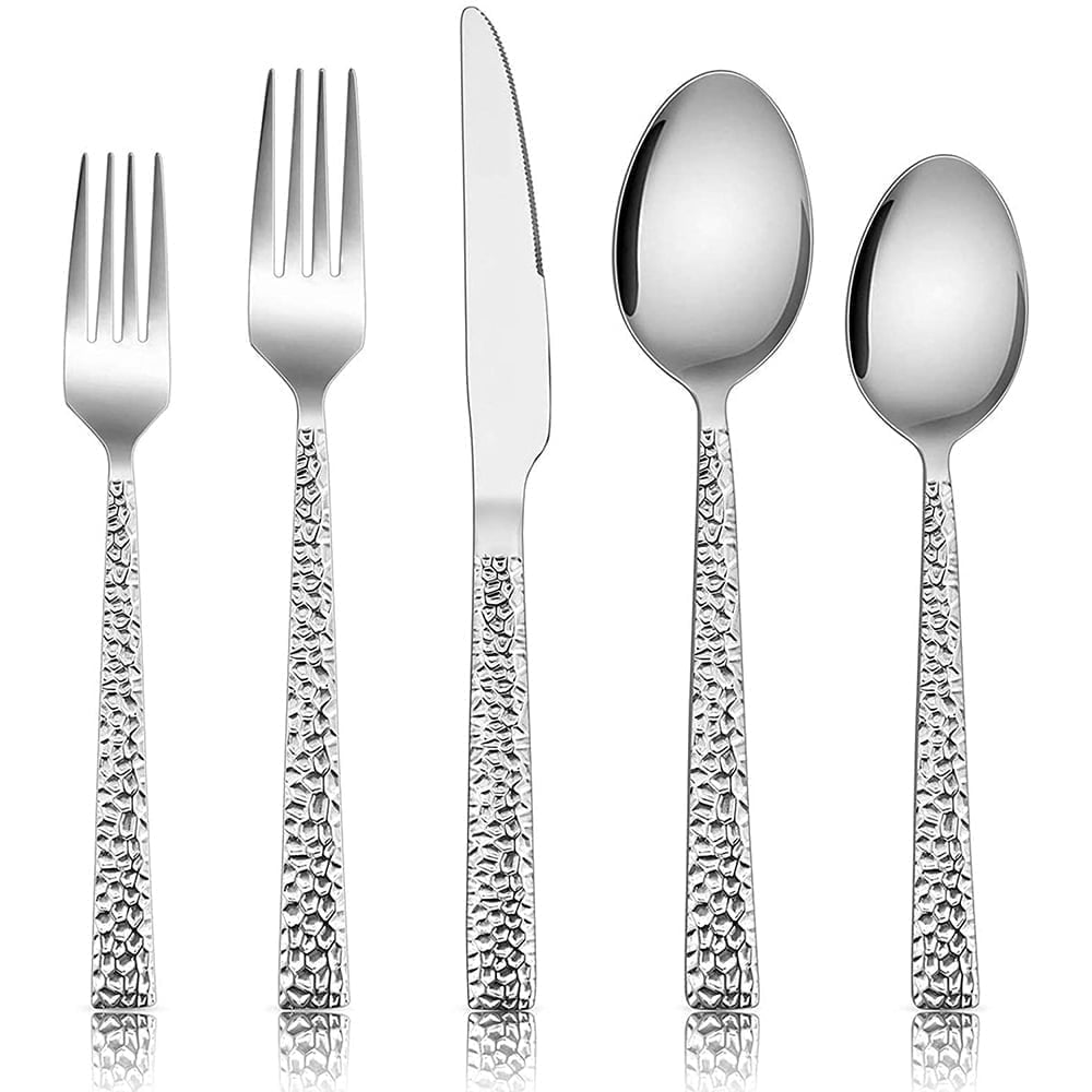 5-teiliges Besteckset Aus Gehämmertem Silber, Quadratisches Besteckset Aus Edelstahl
