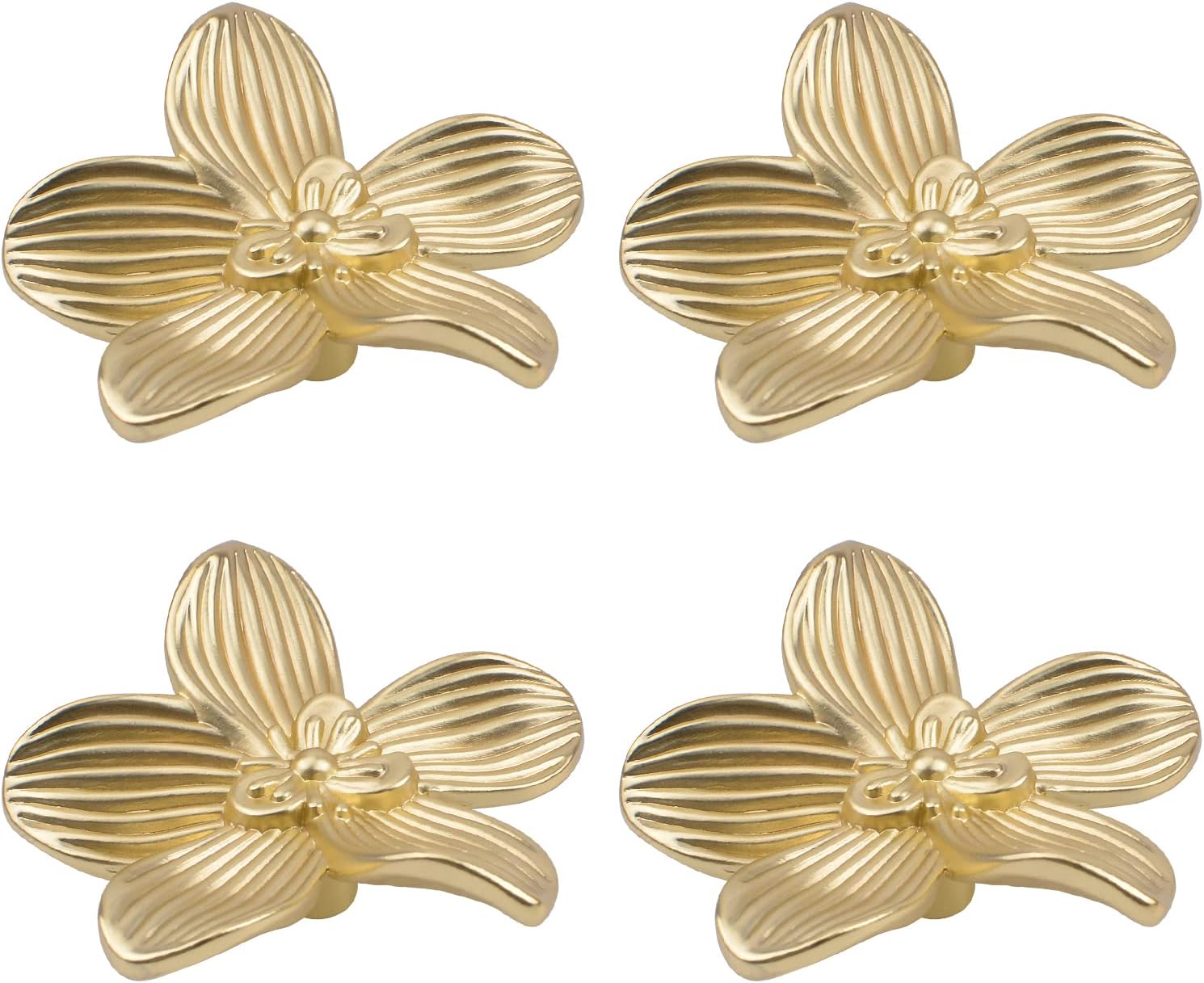 4-teiliges Set Aus Massiven, Blütenblattförmigen Schminktischgriffen Aus Messing, Geeignet Für Schränke, Schminktische, Türen Und Goldene Möbelakzente.