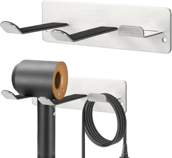 Zweiteiliges Haartrocknerhalter-set Aus Edelstahl, 16,5 X 5 Cm, Platzsparende Wandhalterung, Silberfarben, Für Badezimmer/schlafzimmer/waschküche/friseursalon