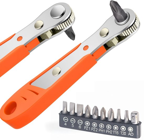 Mini-ratschenschlüssel – Magnetischer Kreuzschlitzschraubendreher – Abgewinkeltes Design – Für Enge Stellen – 1/4"-antrieb – Wendbar – 11,4 Cm – Bit-set