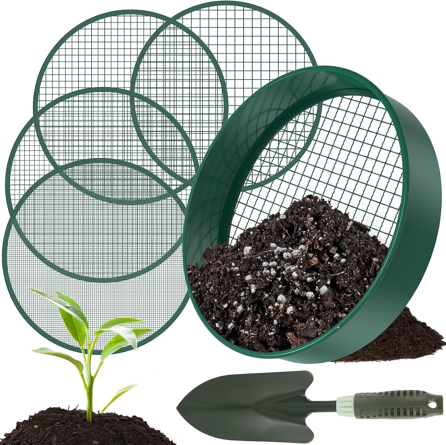 4-in-1-rundsieb Für Den Garten, 30 Cm, Mit 4 Austauschbaren Sieben Und Einer Gartenschaufel, Edelstahl
