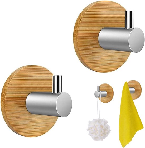 Selbstklebende Wandhaken Aus Bambus, 2 Stück, Selbstklebende Haken Aus Edelstahl Zum Aufhängen Von Gegenständen Im Badezimmer Oder In Der Küche