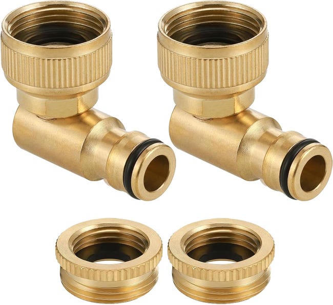 Ein Set Aus Zwei 3/4-zoll-messing-winkelarmaturen, 90°-innengewinde, 360° Drehbaren Schlauchverbindern Und Einem Adapter Für Außenarmaturen.