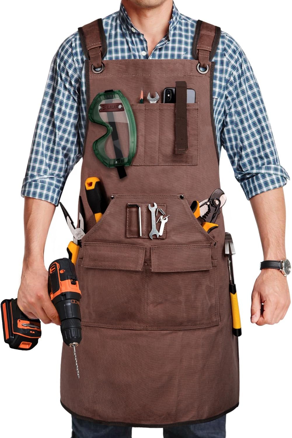 Holzbearbeitungsschürze Für Herren, Werkstattschürze, 20 Oz Canvas-arbeitsschürze Mit 9 Werkzeugtaschen, Robuste Werkstattschürze, Verstellbar S-3xl, Braun.