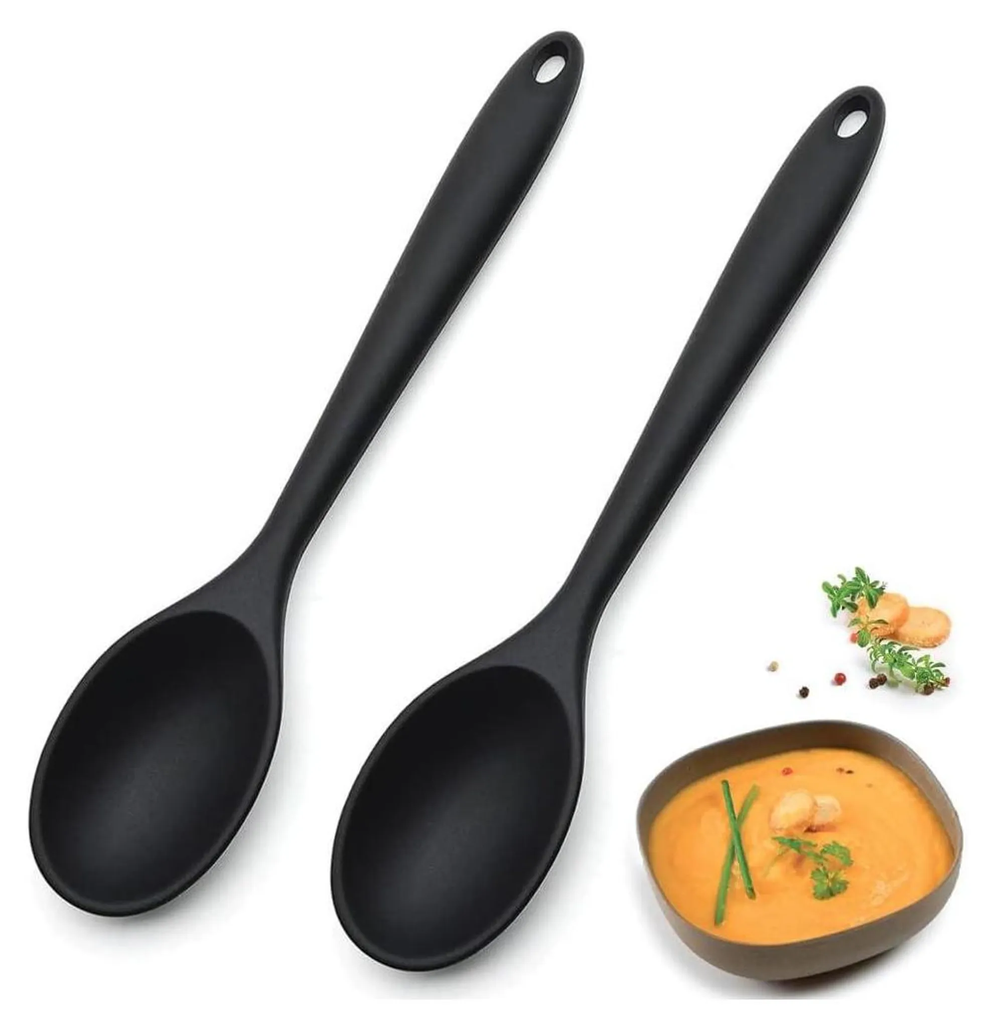 Zweierpack Silikon-kochlöffel (schwarz) - Bpa-frei, Hitzebeständig - Antihaftbeschichtet, Geeignet Für Bratpfannen Und Zum Umrühren.