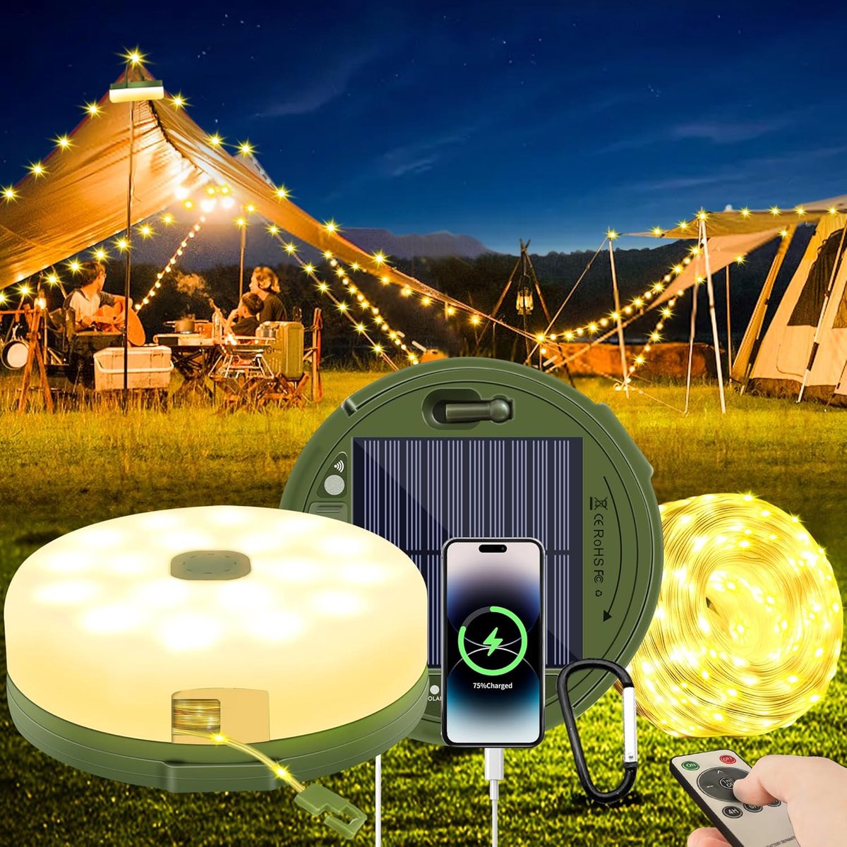 Premium-solar-campinglampe – 10 M Umgebungslicht Mit 100 Leds – Mit Fernbedienung Und Typ-c-schnittstelle – Wasserdicht (ip65)