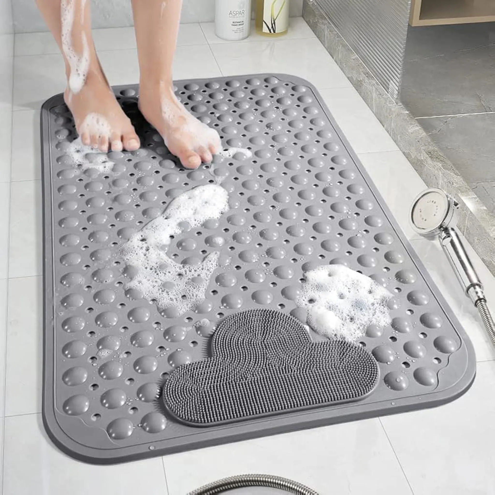 Rutschfeste Duschmatte, 70 X 40 Cm, Mit Saugnäpfen Für Rutschfesten Halt, Integrierter Massagefunktion, Maschinenwaschbar, Grau.