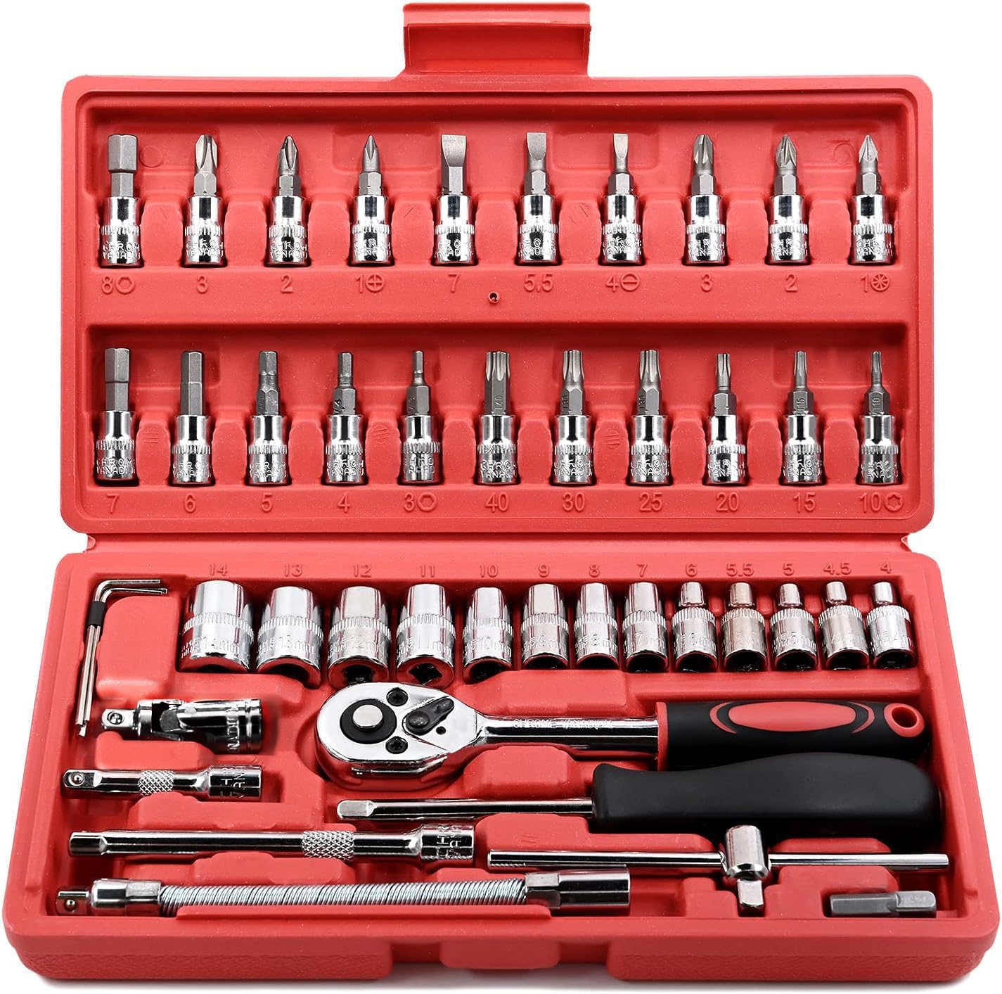 46-teiliger Ratschenschlüsselsatz Mit 1/4-zoll-antrieb, Inklusive Metrischem Steckschlüsselsatz Und Verlängerung Für Autoreparaturen Und Heimwerkerarbeiten, Mit Aufbewahrungsbox