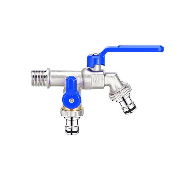 1/2"-gartenarmatur Aus Messing, Doppelauslauf, Doppelkopf, 1/2 X 3/4 X 3/4 [4-punkt-verlängerungsgewinde, Blau]