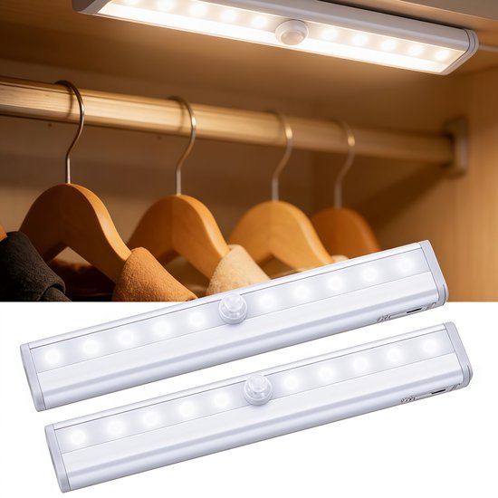 2er-pack Weiße 10-led-schrankleuchten Mit Bewegungsmelder (19 X 3 X 1,5 Cm), Batteriebetriebene Klebe-nachtlichter Für Treppen