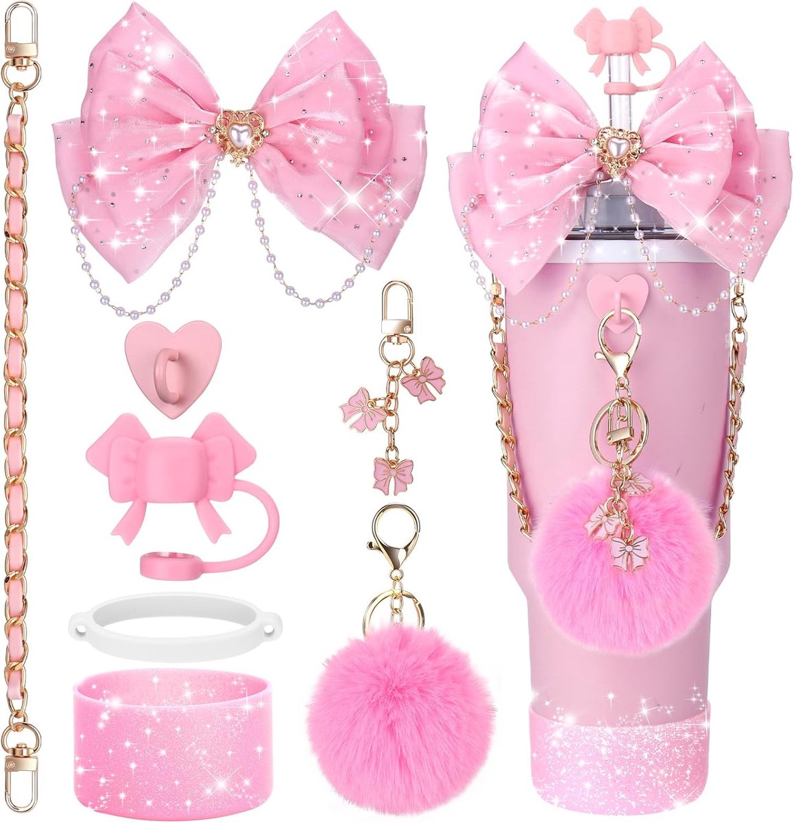 Tassen-accessoires: Glitzernder Isolierbecher In Tropfenform, Rosa, Leder, Strohhalm Mit Schleife Und Lederstrohhalm Mit Henkel