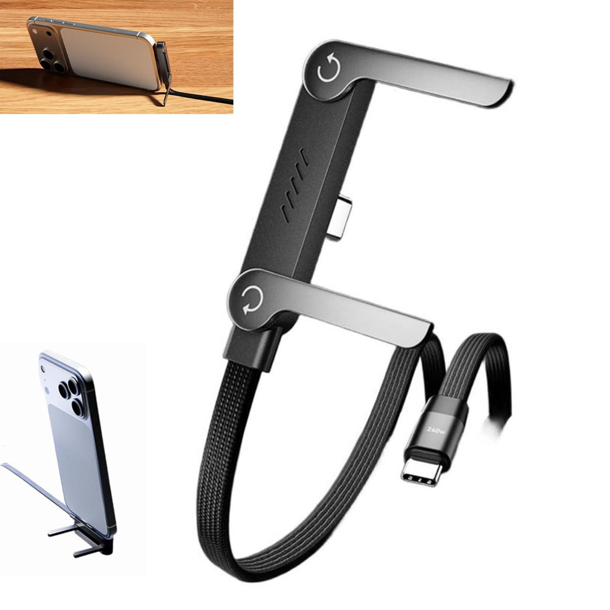2-in-1-ladekabel Mit Ständer, 240-w-geflechtkabel, Material: Zinklegierung, Seitlich Angebrachter Handyständer, Geeignet Für Smartphones Und Tablets.