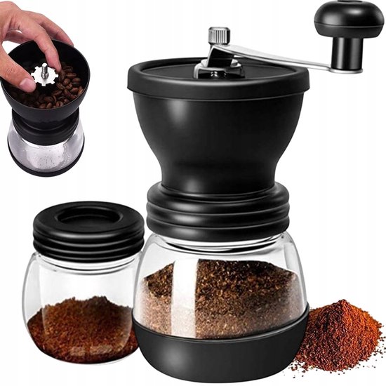 Manuelles Kaffeemühlen-set, Schwarz, Verlängerter Edelstahlgriff, Einstellbarer Mahlgrad, Rutschfester Boden, Zwei Transparente Glasbehälter