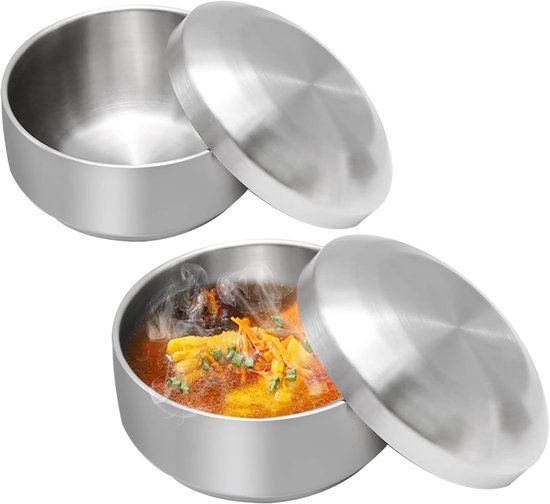 2er-pack Doppelwandige Edelstahlschüsseln À 450 Ml, Mikrowellengeeignet, Wärmeisolierend, Für Reis Und Suppe (silber)