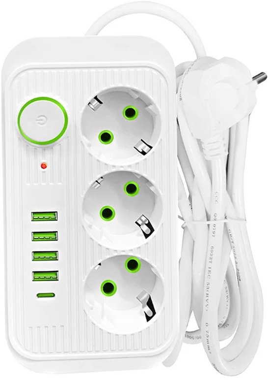 Steckdosenleiste Mit Usb- Und Pd-schnellladefunktion, 2 Meter Langes Verlängerungskabel, 3 Steckdosen, 5 Usb-anschlüsse (davon 1 Typ-c), Integrierter Netzwerkfilter, Weiß