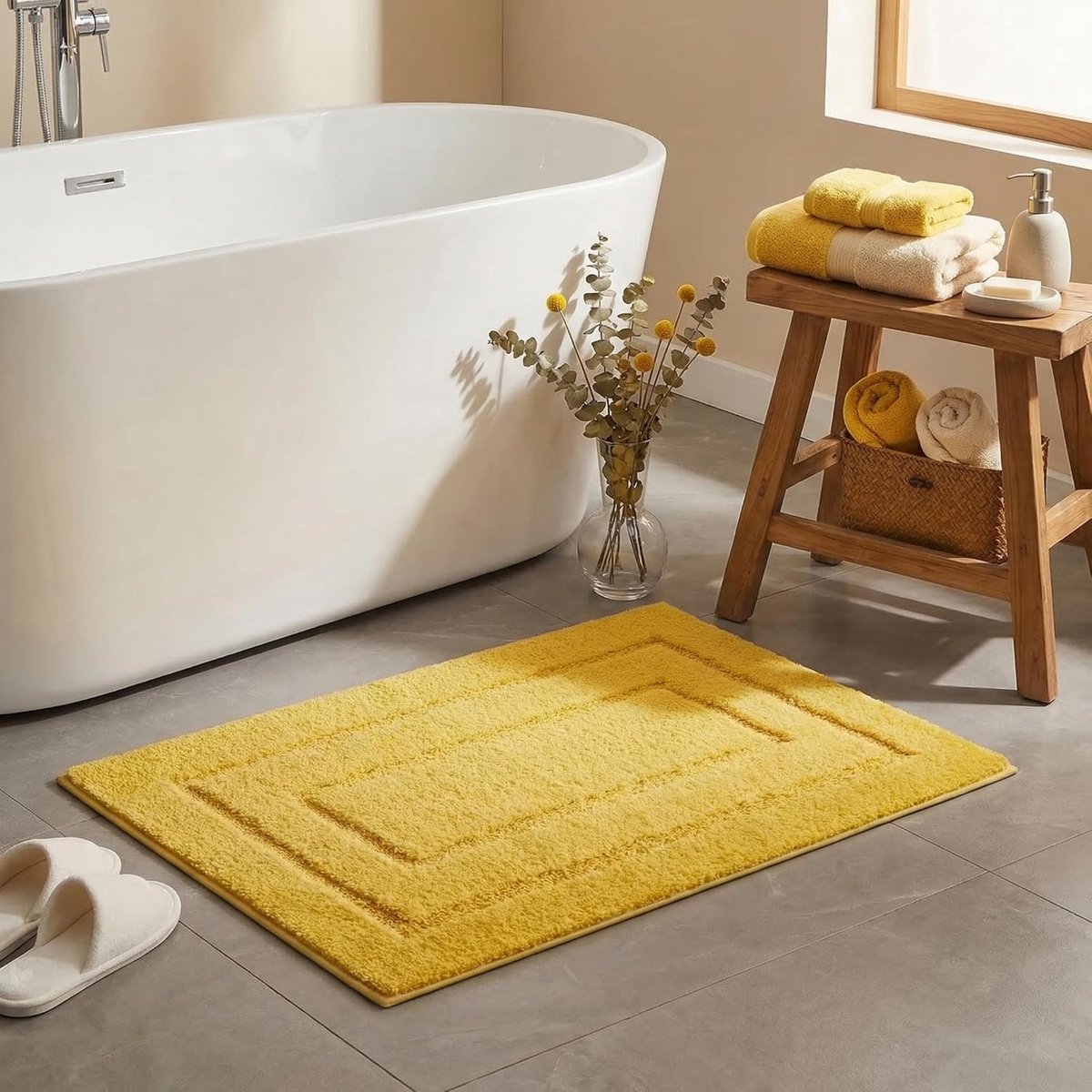 Gelber, Rutschfester Badeteppich (50 X 80 Cm), Weiche, Saugfähige Und Waschbare Badematte Mit Hohem Flaum Für Bad, Wohnzimmer Oder Dusche.