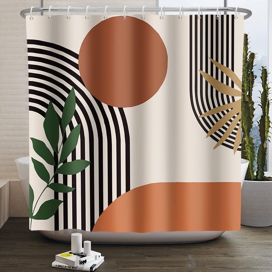Abstrakter Duschvorhang Im Bohème-stil Mit Terrakottafarbenem Sonnenbogenmuster. Schimmelresistentes Und Wasserdichtes Polyester, Waschbar. 120 Cm X 180 Cm