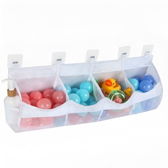 Spielzeugaufbewahrungstasche Fürs Badezimmer, Vier Fächer, Wandmontage, Duschspielzeughalter Für Kinder, Viel Platz, Einfacher Zugriff Und Sortierung, 65 X 20 Cm, Weiß