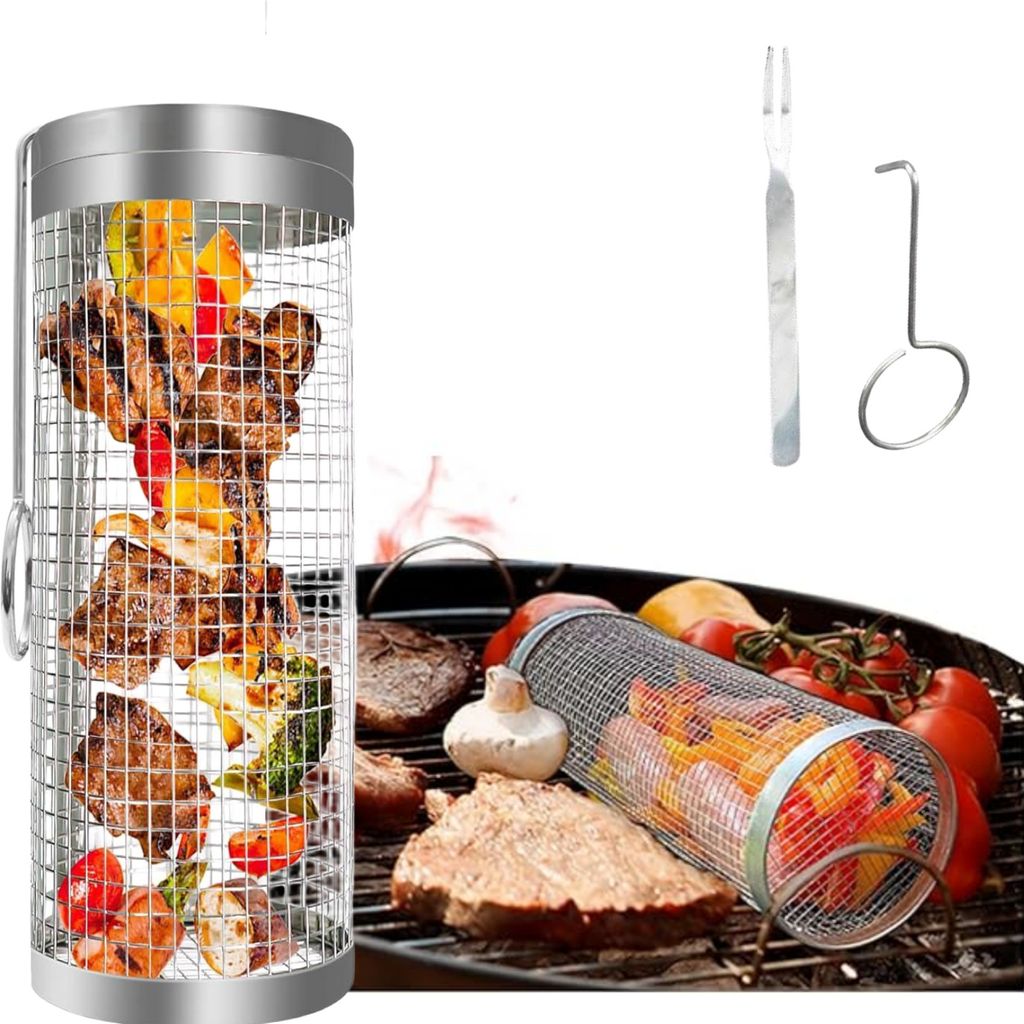 Einteiliger, Rollbarer Grillkorb Aus Edelstahl Mit Zubehör Für Camping, Gemüse, Pommes Frites, Fleisch, Fisch, Garnelen