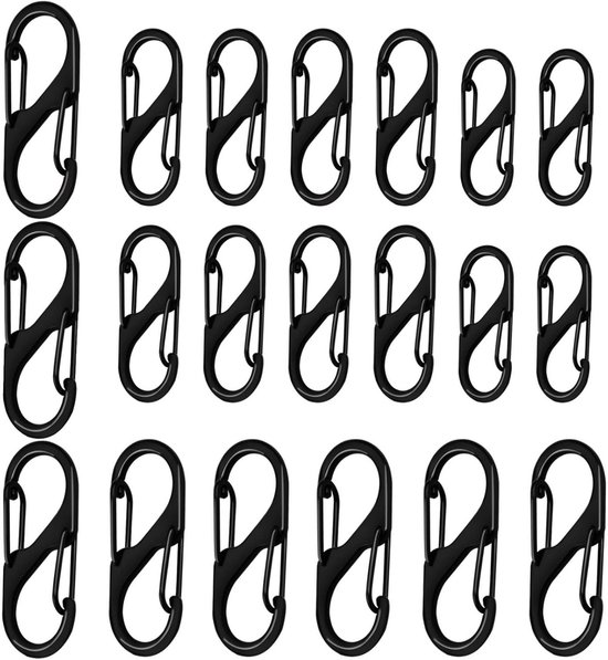 20er-pack S-förmige Mini-metallkarabiner, Doppelseitige Achterkarabiner, 50/40/31 Mm, Camping/wandern, Schwarz