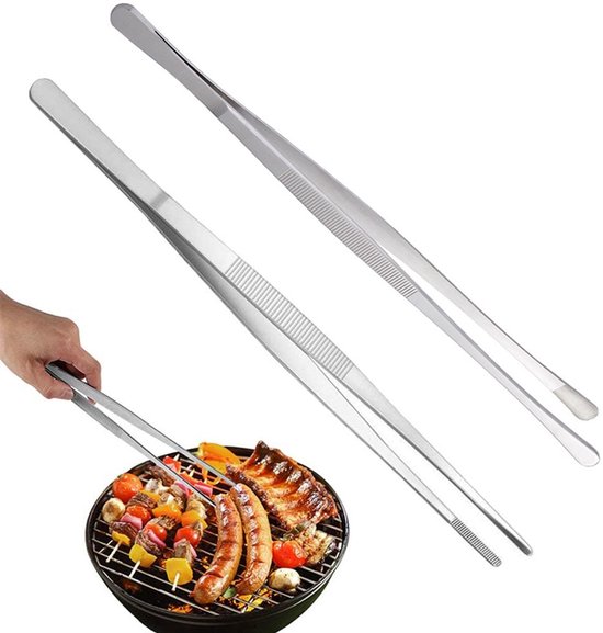 Kochzange Aus Edelstahl 304 Mit Langem Griff (2-teiliges Set), 30 Cm Gerader/runder Kopf Zum Grillen/buffet