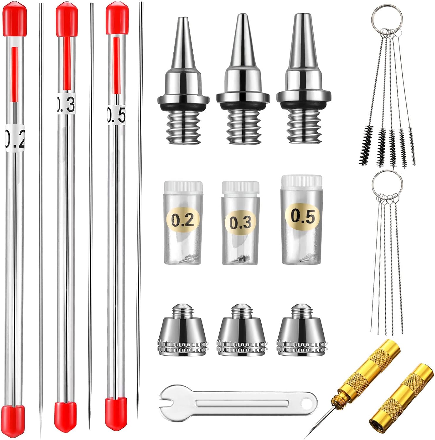 21-teiliges Airbrush-düsenkappen-set, Ersatzteile Für Airbrush-nadeln, Inklusive Schraubenschlüssel Und Zubehör Für Die Airbrush-reinigungssprühvorrichtung, Größen: 0,2/0,3/0,5 Mm