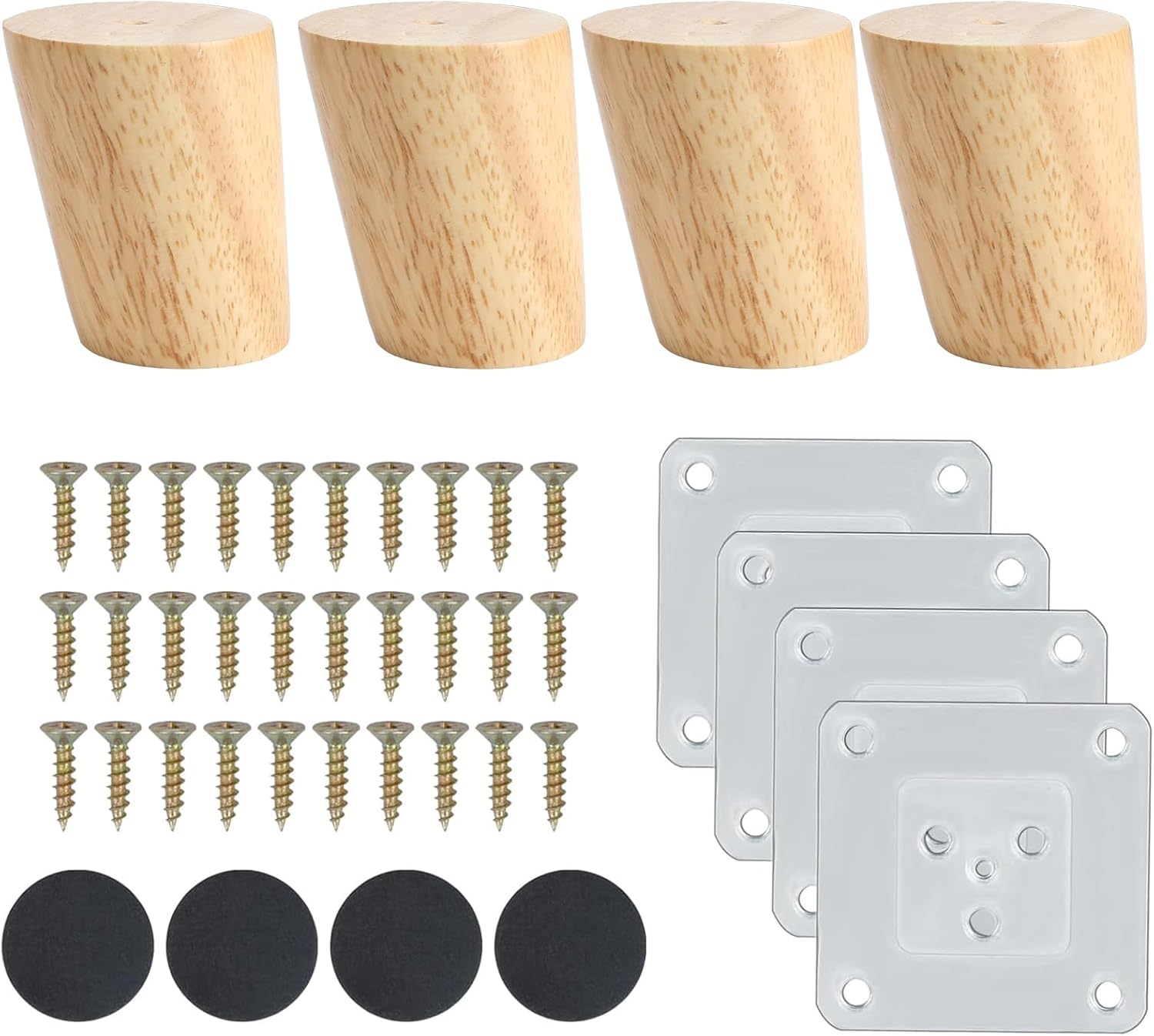 Set Mit 4 Holzmöbelfüßen (6 Cm) Inklusive Montageplatte, Schrauben Und Antirutschmatte Neigbare Füße Für Sofa, Bett, Schrank, Tisch Und Stühle