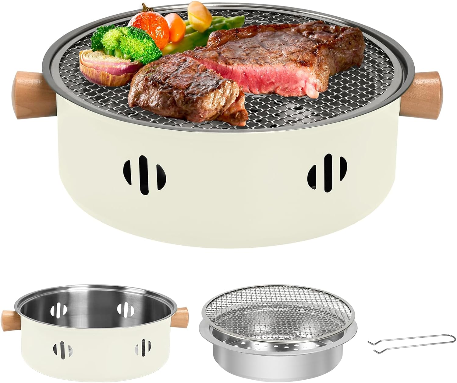 Tragbarer Holzkohlegrill, Einteiliger Mini-grill, Rauchfreier Runder Tischgrill Für Drinnen Und Draußen, Picknicks, Camping (beige).