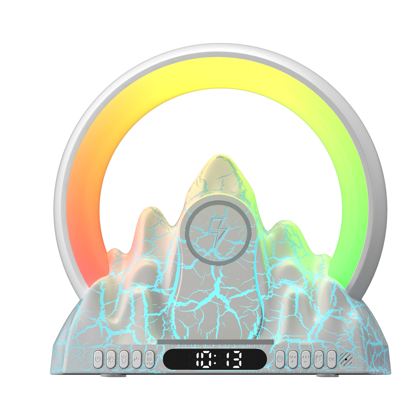 Flame Mountain Sonnenaufgangs-wecklicht, Smart-app, Kabelloser, Wiederaufladbarer Bluetooth-lautsprecher, Stimmungsvolles Nachtlicht, Weiß