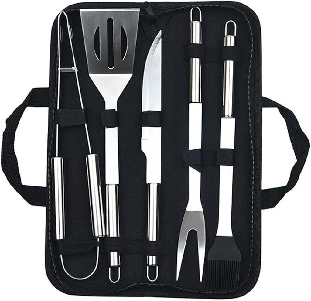 Grillbesteck-set Für Den Außenbereich, Bestehend Aus Gabeln, Pfannenwendern, Zangen, Bürsten, Kleinen Röhrenförmigen Griffen, Werkzeugtasche, 5-teiliges Grillset Aus Edelstahl.