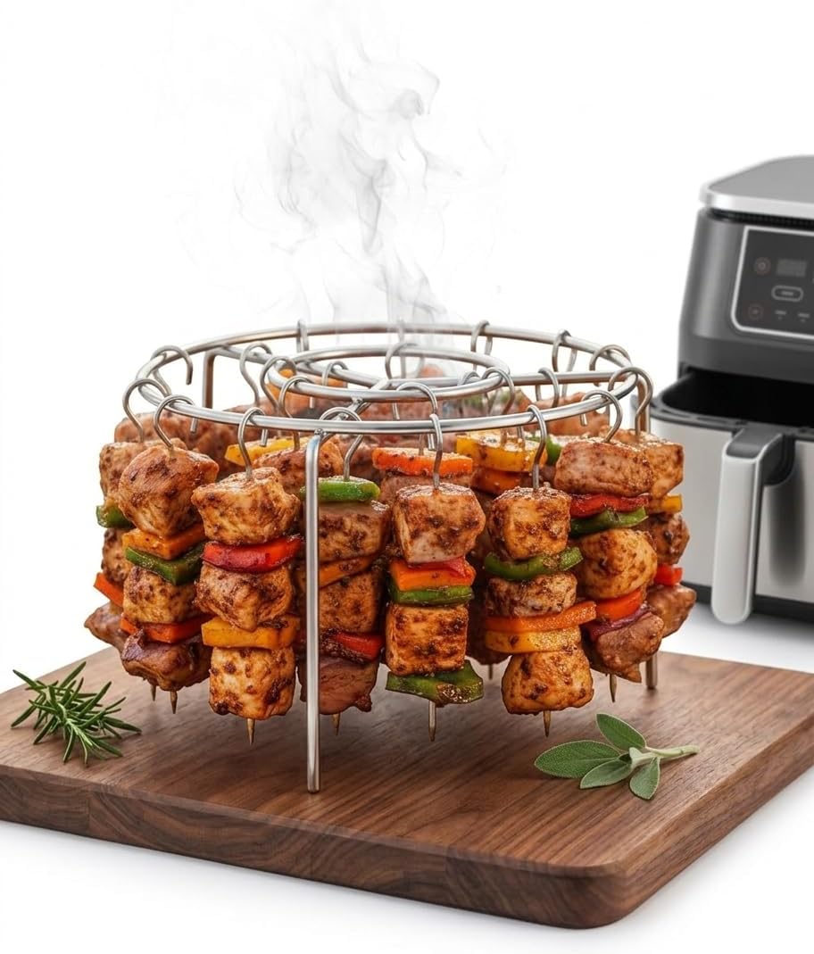 Zubehörset Für Heißluftfritteusen Mit 24 Spießen Grillrost Und Vertikale Fleischspieße Aus Edelstahl – Für Heißluftfritteusen Runde, Antihaftbeschichtete Spieße