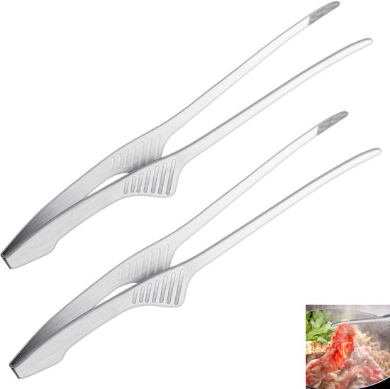 2-teiliges Set: Koreanische Und Japanische Grillzange Aus Edelstahl, Ideal Zum Servieren Von Speisen, Salaten, Beim Camping, Grillen Und Buffets. Farbe: Silber. Maße: 24,5 × 2 Cm.