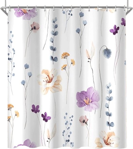 Duschvorhang – Schimmelhemmender Duschvorhang – Antibakteriell – Badezimmervorhang – Lila Blumenmuster – Waschbar – Mit 12 Ringen – Für Badezimmer Und Badewanne